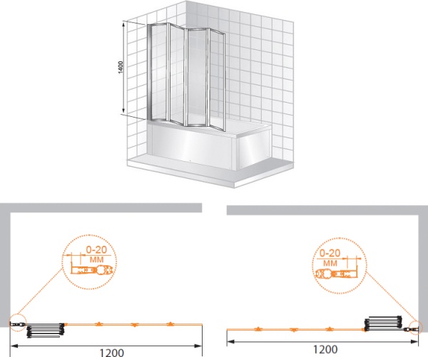 Шторка для ванны складная  Cezares Pratico PRATICO-V-5-120/140-C-Cr 120 см, стекла прозрачные, профиль хром