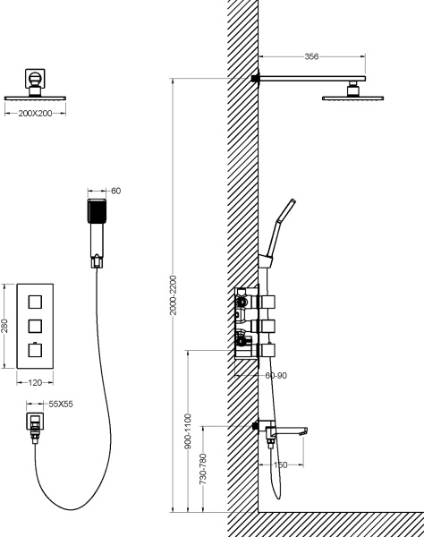 Душевая система со смесителем Timo Tetra-Thermo SX-0199/17SM монтаж встраиваемая в стену с термостатом матовое золото