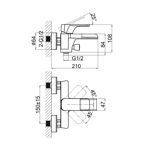Смеситель для ванны или душа D&amp;K Berlin Technische DA1433515 настенный 
без термостата черный/хром