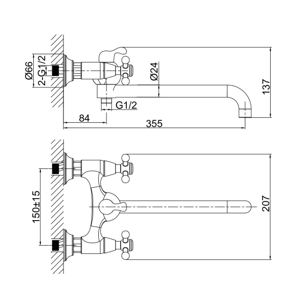 Смеситель для ванны или душа D&K Hessen DA1423341 настенный 
без термостата хром