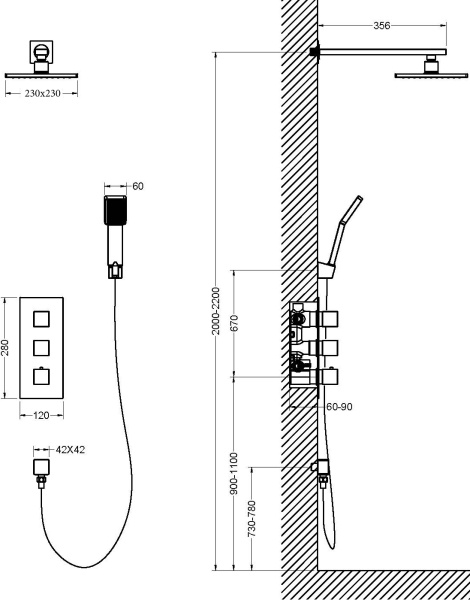 Душевая система со смесителем Timo Tetra-Thermo SX-0179/03SM монтаж встраиваемая в стену с термостатом черный