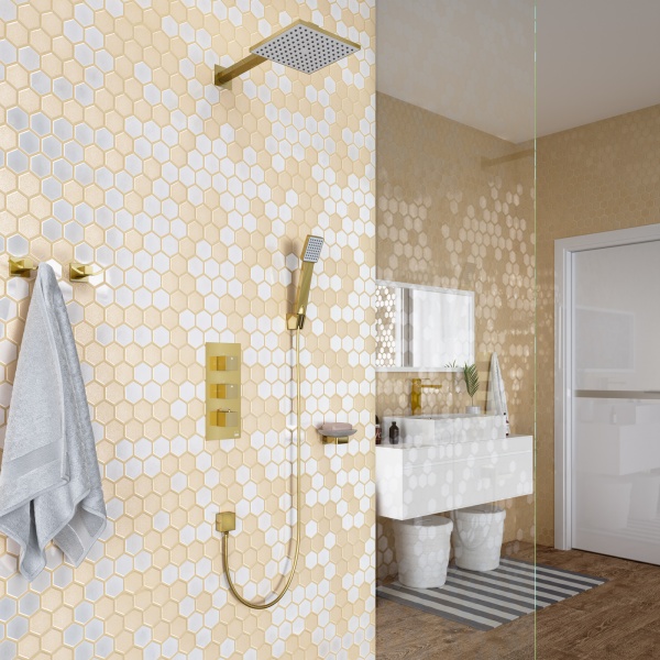 Душевая система со смесителем Timo Tetra-Thermo SX-0179/17SM монтаж встраиваемая в стену с термостатом матовое золото