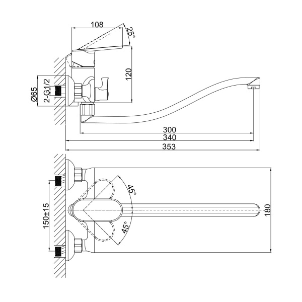 Смеситель для ванны или душа D&K Rhein DA1313341 настенный 
без термостата хром