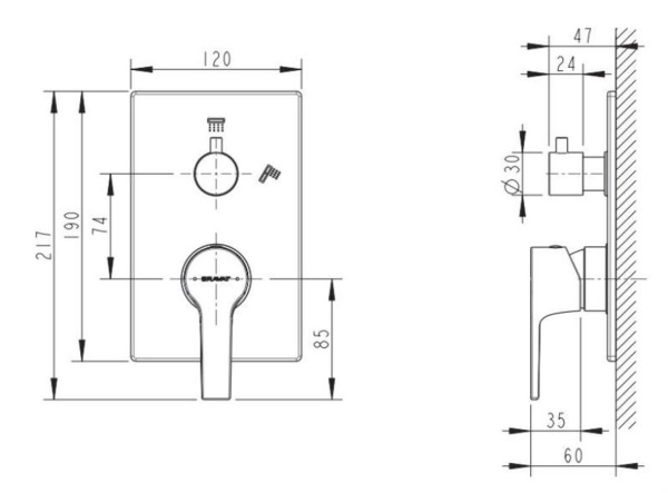 Смеситель для душа Bravat Prolate P69219CP-2-ENG встраиваемый в стену 
без термостата хром