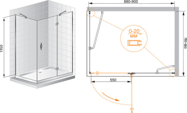 Душевой угол Cezares Bergamo BERGAMO-AH-1-90/80-C-Cr-R прямоугольная  стекла прозрачные, профиль хром