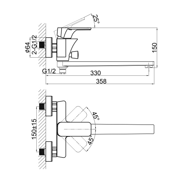 Смеситель для ванны или душа D&K Berlin DA1433325 настенный 
без термостата черный