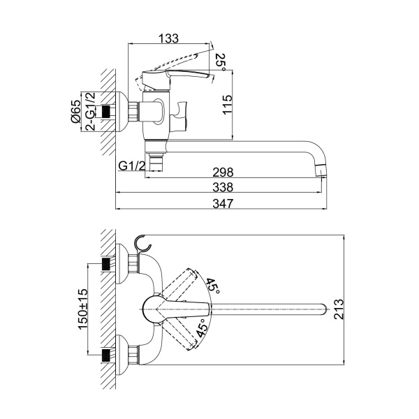 Смеситель для ванны или душа D&K Rhein DA1363301 настенный 
без термостата хром