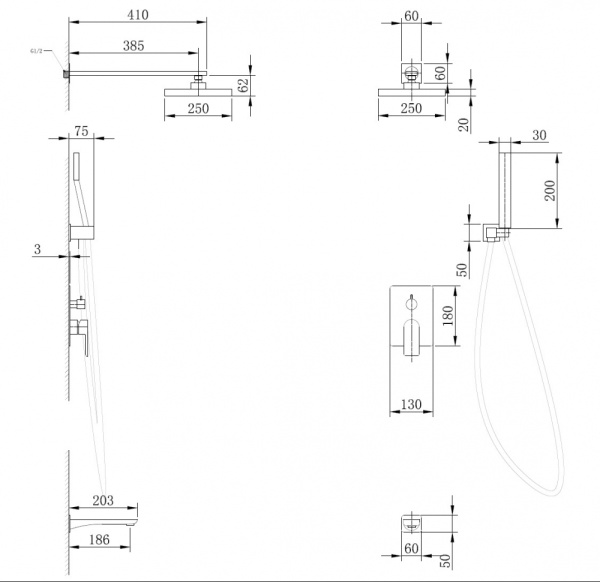 Душевая система со смесителем Abber Weiss Insel AF8017B монтаж встраиваемая в стену без термостата черный матовый