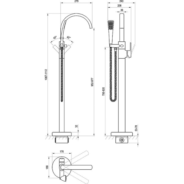 Смеситель для ванны Ravak Freedom X070424 напольный 
без термостата хром