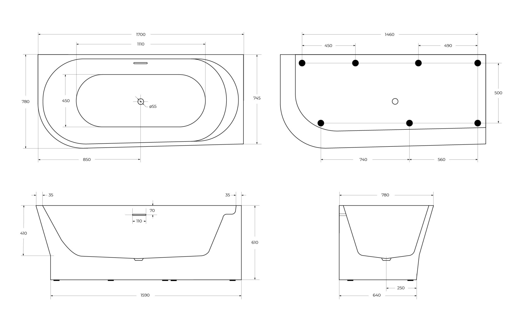 Акриловая ванна пристенная BelBagno  BB410-1700-780-R 170x80 прямоугольная цвет белый