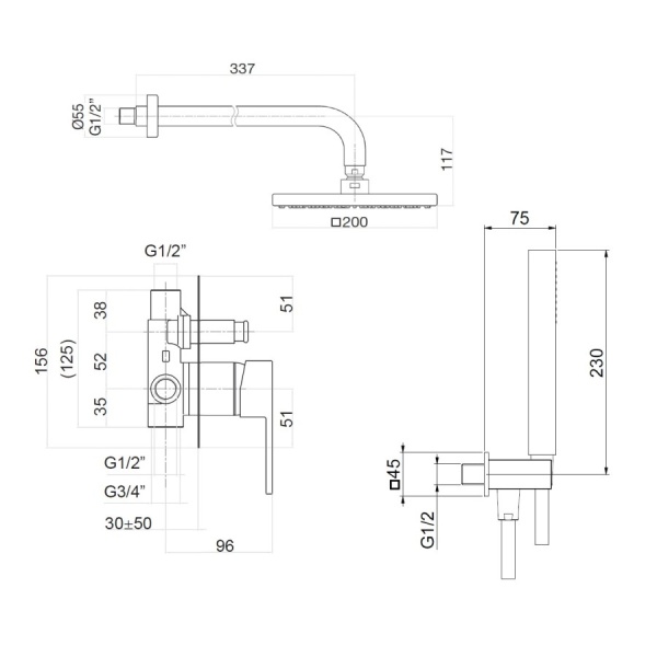 Душевая система со смесителем Webert Pegaso PE890103560 монтаж встраиваемая в стену без термостата черный