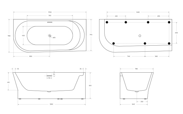 Акриловая ванна пристенная BelBagno  BB410-1700-780-R 170x80 прямоугольная цвет белый