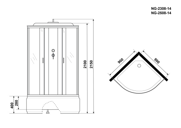 Душевая кабина с крышей Niagara Classic NG-2508-14 четверть круга  90x90 стекла тонированные, профиль матовый хром