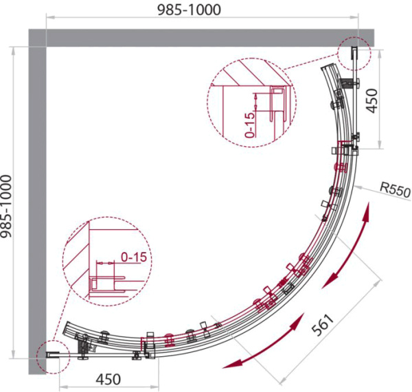 Душевой угол BelBagno Acqua ACQUA-R-2-100-C-NERO четверть круга 100x100 стекла прозрачные, профиль черный