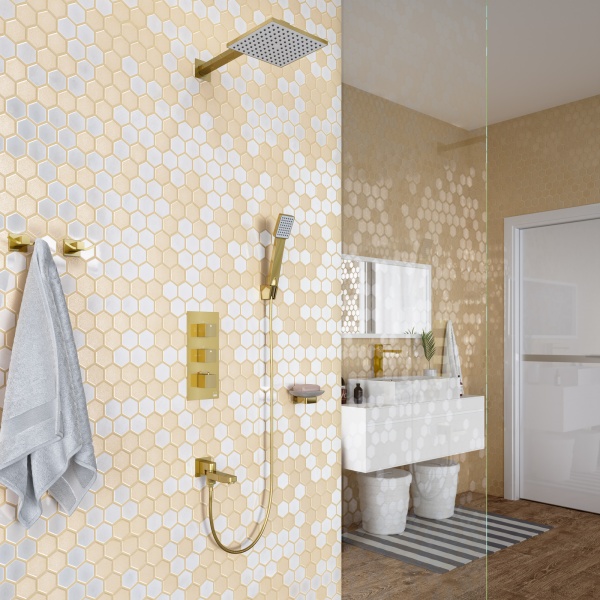 Душевая система со смесителем Timo Tetra-Thermo SX-0199/17SM монтаж встраиваемая в стену с термостатом матовое золото