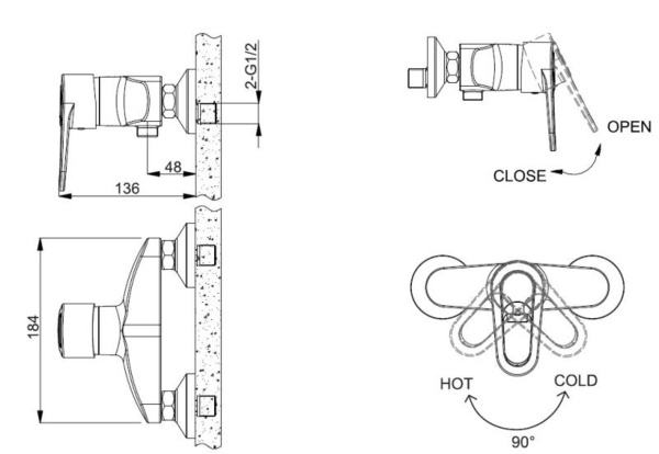 Смеситель для душа Bravat Loop F9124182CP-01-RUS настенный 
без термостата хром