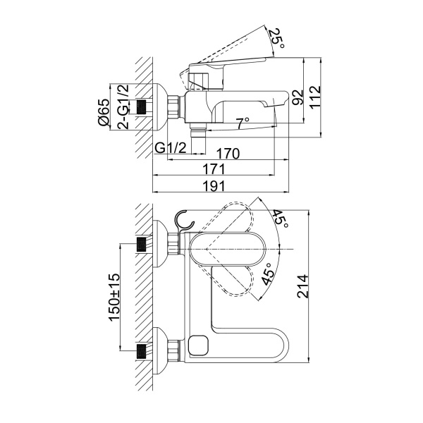 Смеситель для ванны или душа D&K Rhein DA1313201 настенный 
без термостата хром