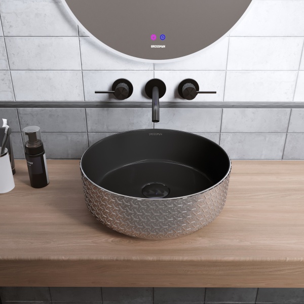 Раковина  круглая Grossman Color GR-5010SBR фаянс цвет серебро-черный