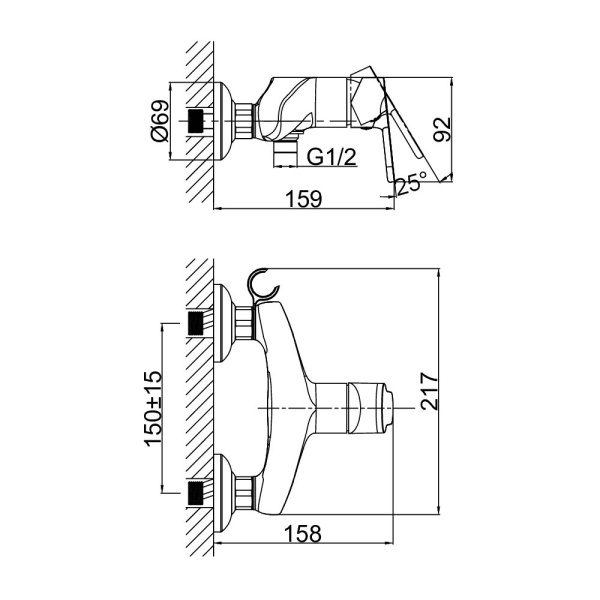 Смеситель для душа D&amp;K Rhein.Marx DA1393101 настенный 
без термостата хром