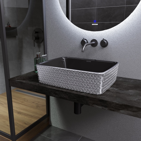 Раковина  прямоугольная Grossman Color GR-3016SBR фаянс цвет серебро-черный