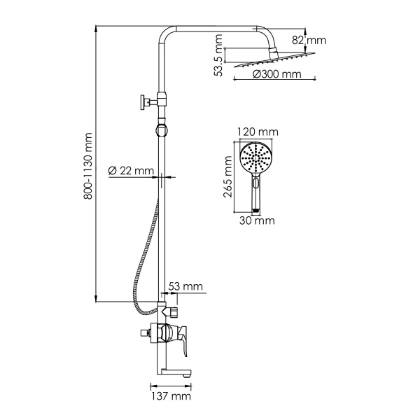 Душевая система со смесителем Wasserkraft  A166.116.127.010.CH монтаж настенная без термостата хром