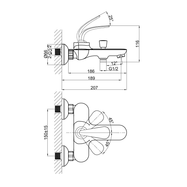 Смеситель для ванны или душа D&K Venice DA1023241 настенный 
без термостата хром