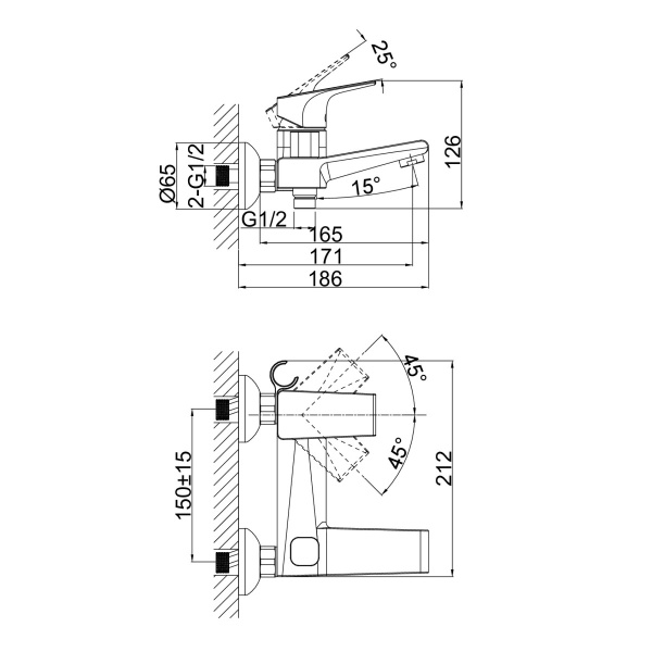 Смеситель для ванны или душа D&K Rhein DA1293201 настенный 
без термостата хром