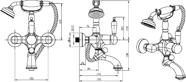 Смеситель для ванны или душа Boheme Brillante Ripresa 343 настенный 
без термостата хром
