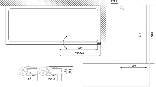 Шторка для ванны Vegas Glass EV Lux EV LUX 75 07 01 R 75 см, стекла прозрачные, профиль матовый хром