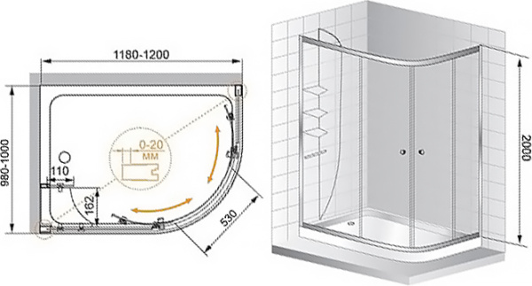 Душевой угол Cezares Anima ANIMA-W-RH-2-120/100-C-Cr-L ассиметричный 120x100 стекла прозрачные, профиль хром