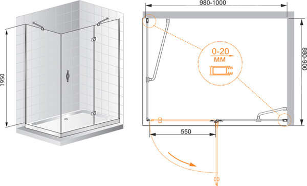 Душевой угол Cezares Bergamo BERGAMO-AH-1-100/90-C-Cr-R прямоугольная  стекла прозрачные, профиль хром