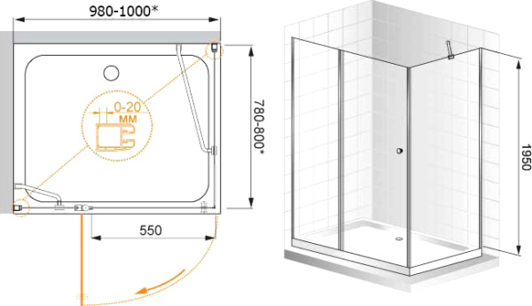 Душевой угол Cezares Elena ELENA-W-AH-1-100/80-C-Cr прямоугольная  стекла , профиль 