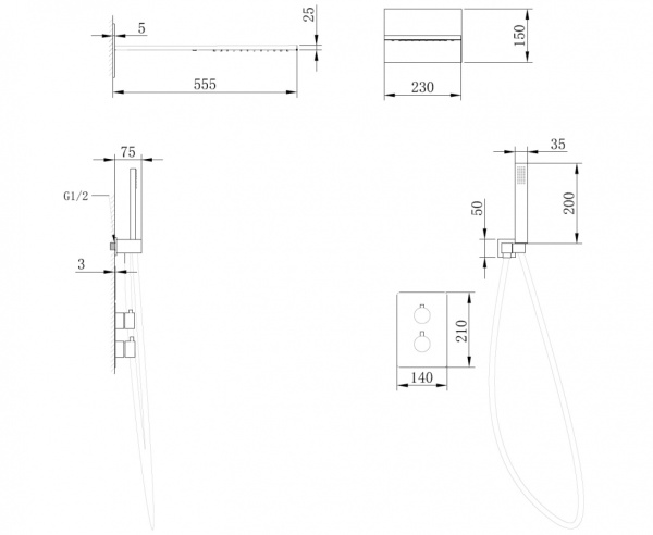 Душевая система со смесителем Abber Weiss Insel AF8052 монтаж встраиваемая в стену с термостатом хром