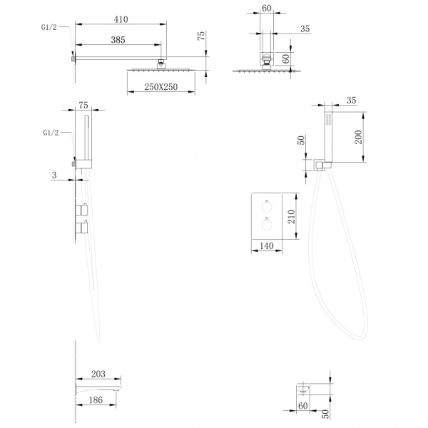 Душевая система со смесителем Abber Weiss Insel AF8050B монтаж встраиваемая в стену с термостатом черный матовый