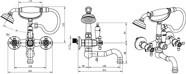 Смеситель для ванны или душа Boheme Royal Cristal 313-Royal/CRST настенный 
без термостата бронза