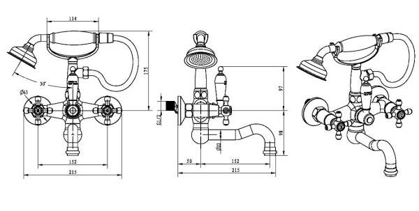 Смеситель для ванны или душа Boheme Flora 273-FL настенный 
без термостата хром