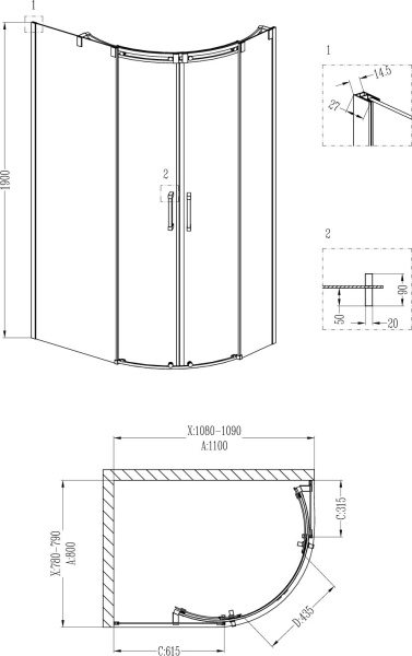 Душевой угол Grossman Galaxy GR-4110L прямоугольная-асимметричная  стекла прозрачные, профиль хром