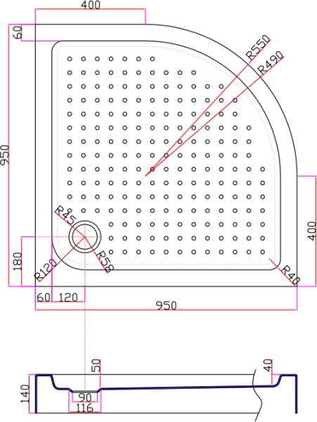Душевой поддон низкий Cezares Tray TRAY-A-R-95-550-15-W четверть круга акрил 95x95 белый