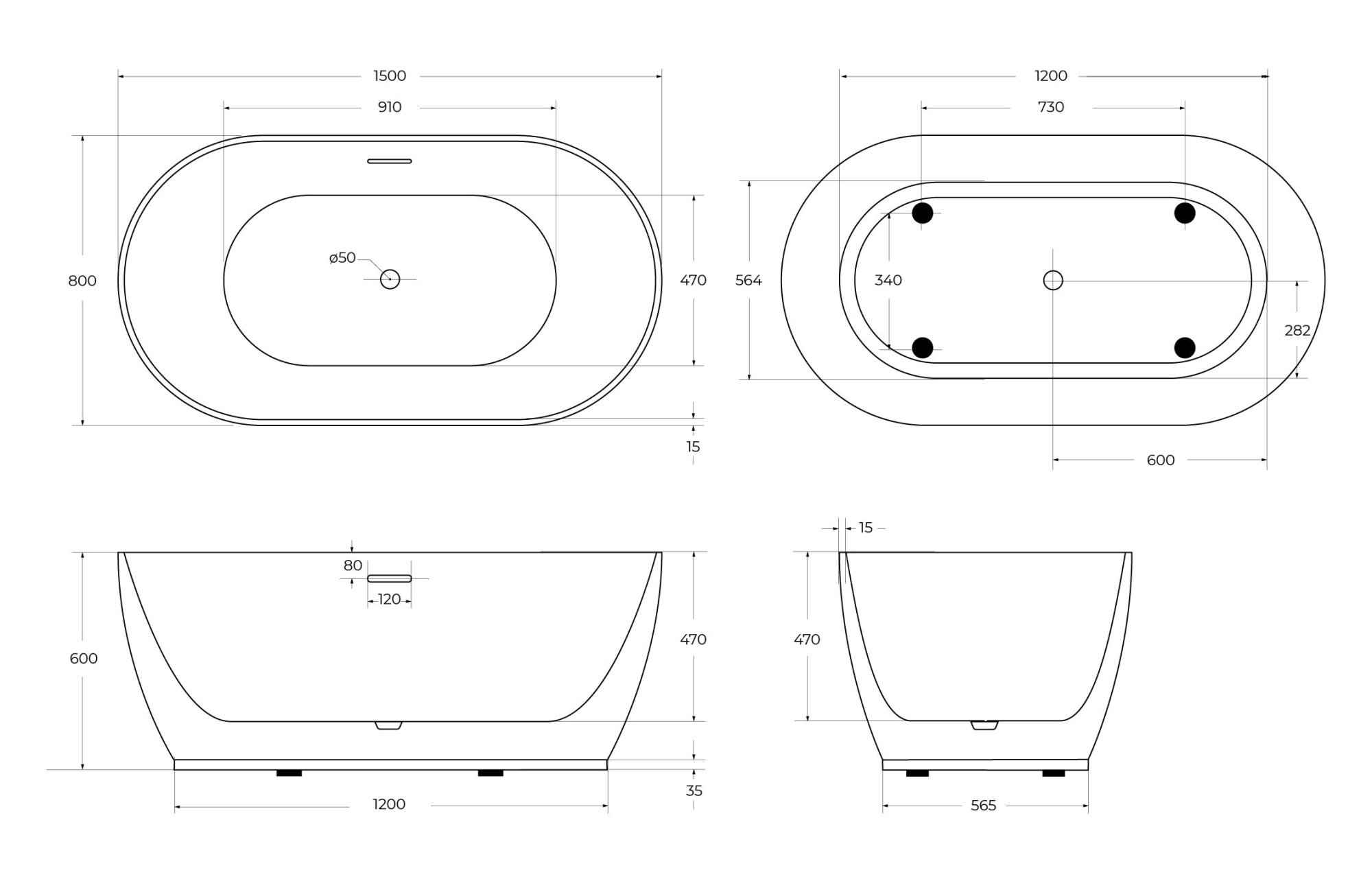 Акриловая ванна отдельностоящая BelBagno  BB413-1500-800 150x80 овальная цвет белый