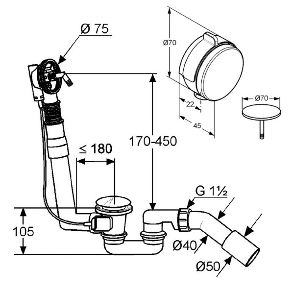 Слив-перелив для ванны с наполнением через перелив Kludi Rotexa Multi 2120005N-00 металл/пластик хром