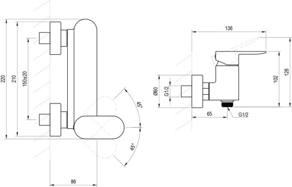 Смеситель для душа Ravak Chrome II X070452 настенный 
без термостата хром