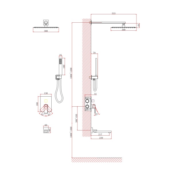 Душевая система со смесителем D&K Bayern.Liszt DA1515606A04 монтаж встраиваемая в стену без термостата серый графит