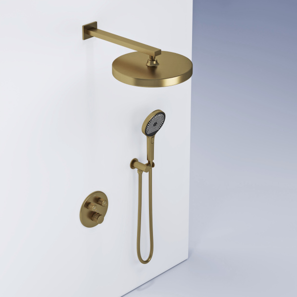 Душевая система со смесителем Sancos Space SC3006BG монтаж встраиваемый в стену с термостатом бришированное золото