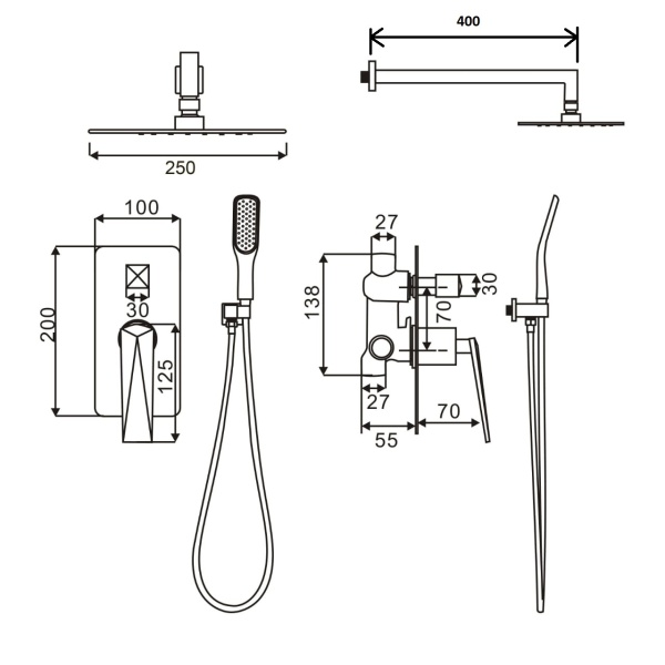 Душевая система со смесителем Boheme Venturo 374-SGM монтаж встраиваемая в стену без термостата Shine Gun Metall