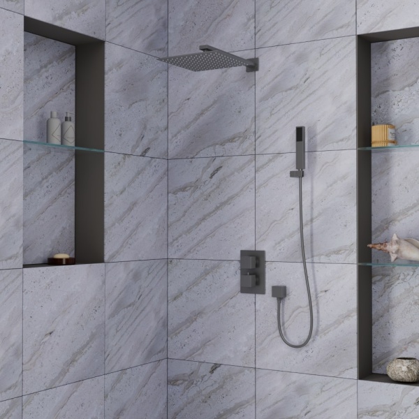 Душевая система со смесителем D&K Bayern.Liszt DA2515706A04 монтаж встраиваемая в стену с термостатом серый графит