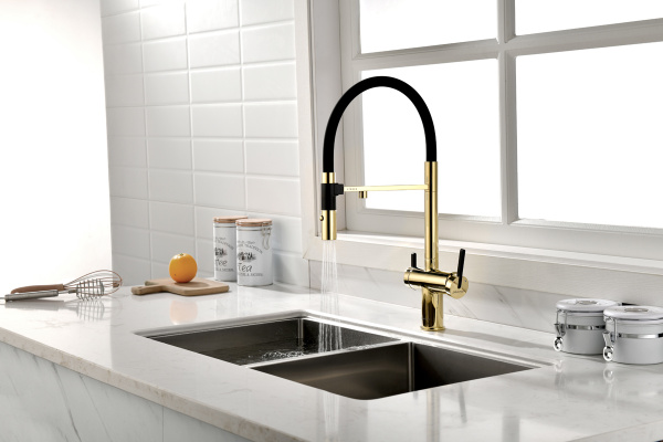 Смеситель для кухни Paulmark Gravity Gr213888-G с подключением к фильтру золото