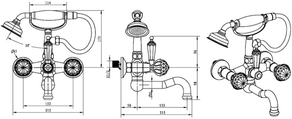 Смеситель для ванны или душа Boheme Imperiale Presente 333 настенный 
без термостата золото