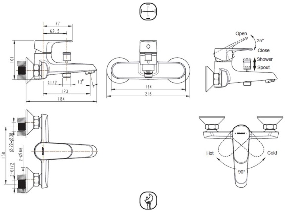 Смеситель для ванны или душа Bravat Alfa F6120178CP-01 настенный 
без термостата хром