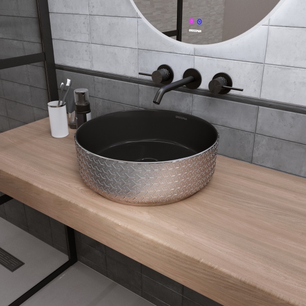 Раковина  круглая Grossman Color GR-5010SBR фаянс цвет серебро-черный