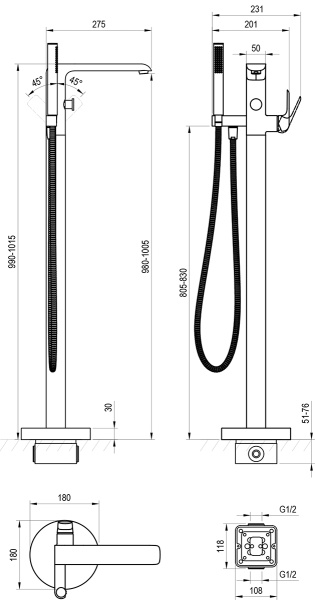 Смеситель для ванны Ravak Flat X070440 напольный 
без термостата хром